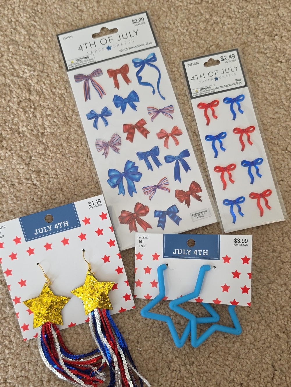 Hobby Lobby Kids 4th of July Red Blue Gold Bow Stickers & Star Earrings Set